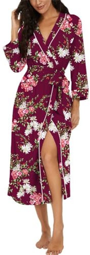 PrinStory Women Dressing Gowns Causal Kimono Robes Long Bathrobe Soft Womens 3/4 Sleeve Ladies Loungewear (Flowers Wine Red, XL)