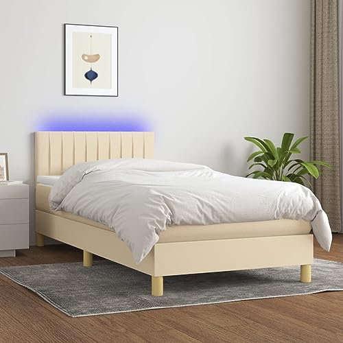 OHOOWOO Boxspringbett mit Matratze & LED Creme 100x200 cm Stoff,Großes Boxspringbett Creme 100x200 mit verstellbarem Kopfteil, Matratze und LED