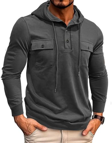 RQPYQF Sweat à Capuche à Manches Longues pour Homme T Shirts décontractés Sweatshirt à Capuche avec Cordon de Serrage et Boutons CS43