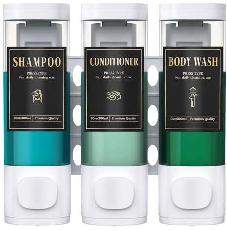 Luxspire Shampoo- und Conditioner-Spender, bohrerloser Wand-Duschseifenspender mit 3 Kammern und wasserfesten Etiketten, einfacher Seifenspender für Bad, Hotel und Küche, Weiß