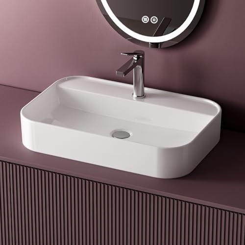 EMKE Lavabo para montar 70x40x11 cm, Lavabo de cerámica para baño, Blanco brillante, diseño moderno y minimalista, ideal para baño y WC