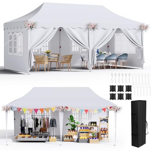 Pavillon 3x6 mit 6 Seitenwänden, Faltpavillon 3x6 Wasserdicht Stabil Winterfest, Faltbar Partyzelt 3 x 6, Anti-UV 50+ Gartenpavillon, 6 PCS Sandsack 12 Erdhaken, für Markt, Hochzeiten, Patio, Weiß