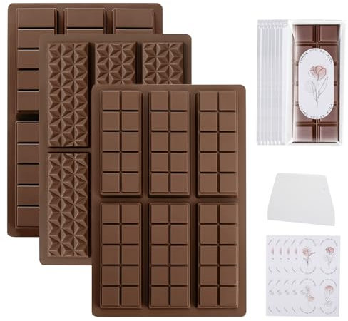 LAHAQIQI 3 Stück Tiefe Schokoladenform mit 6 Mulden, Dubai Schokolade Silikonform mit Schaber, Tasche und Aufkleber, BPA-frei Für Schokolade Bar, Süßigkeiten, Leicht zu Reinigen & Langlebig