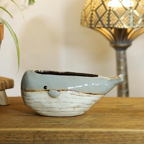 Fyne-Finds Ceramic Whale Plant Pot Novelty Glazed Gift 22cm, 9inch Ornament Fish Shaped Planter