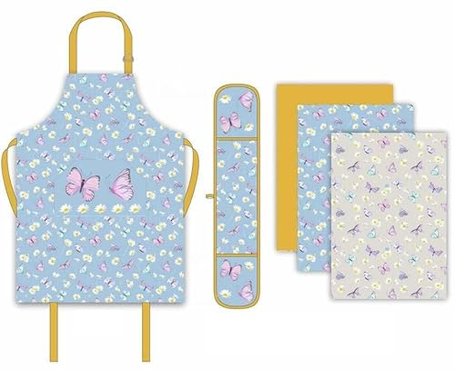 Sterling Sports 5-Piece Kitchen Set Apron, Double Oven Gloves & Tea Towels Set - Quick Dry kitchen Accessories For Baking & Cooking - Perfect Christmas Gifts For Women & Men (Sky-Blue Butterflies)