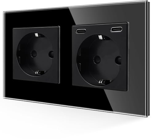 JIMEIDA Toma de corriente de 2 vías con USB C, 20 W, carga rápida, negro, enchufes Schuko de vidrio, dos puertos tipo C, empotrado, 157 mm, 16 amperios, 250 V