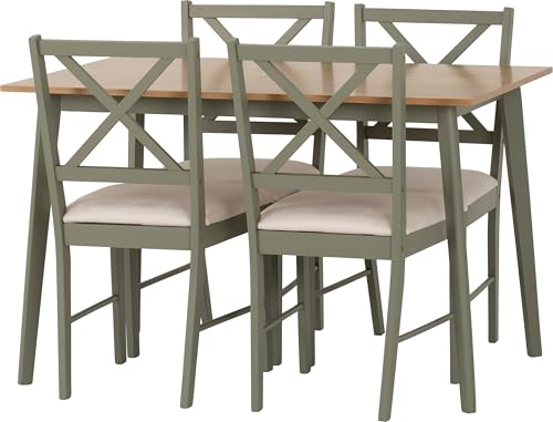 Seconique Balfour 1+4 Dining Set in Sage Green/Oak Effect/Mink Microsuede