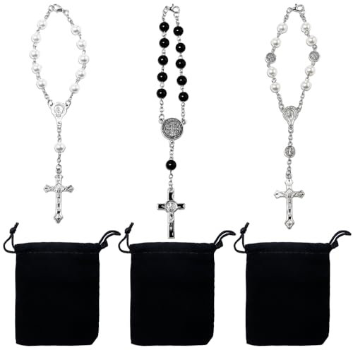 Bofanze 3 Stück Kurzer Auto Rosenkranz Kreuz Rückspiegel-Anhänger Auto Rosenkranz für Rückspiegel Kreuz-Autospiegel Hängende Zubehör mit Kreuz Anhänger für Autospiegel, Urlaubsgeschenke (Länge 18 cm)