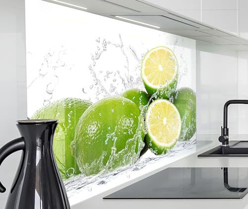 timalo Spritzschutz Wand für Herd, Küche Küchenrückwand Glasoptik | Acryl Glas 2mm | Glasrückwand Acrylglas Wandpaneele Küchenspiegel | 280x58cm Frische Limetten Wasser Splash