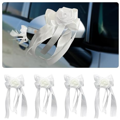4PCS Wedding Car Door Handle Flowers, Artificial White Rose with Ribbon Bow, Elegant Cars Decorations for Just Married, Bride & Groom, Wedding Ceremony Floral Decor for Automotive Accessories