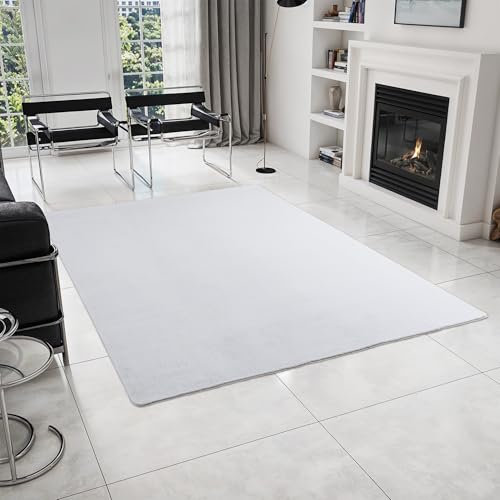 HomebyHome Kurzflor Teppich Wohnzimmer 140 x 200 cm Weiß - Teppich Weich, Waschbar, rutschfest, modern einfarbig Design - für Schlafzimmer, Küche, Esszimmer