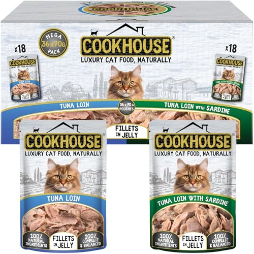 COOKHOUSE 100% Natural & Complete Luxury Wet Cat Food - 36 x 70g Pouches - Tuna Loin/Tuna Loin with Sardine - Fillets in Jelly