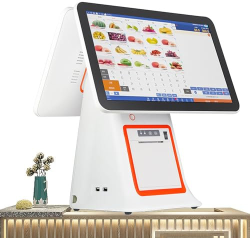 Kasse für Gastronomie & Handel, Elektronisches Kassensystem mit Touchdisplay, Dual Screen Touchscreen Kasse, 15,6 Zoll Touchscreen POS-Systeme für kleine Unternehmen, Bondrucker,White