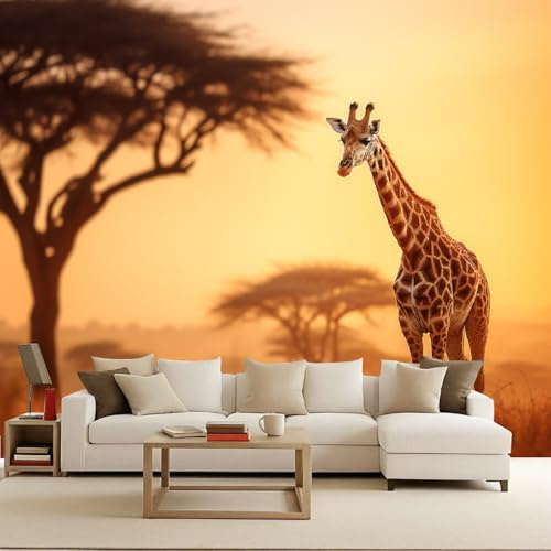 Vlies Fototapete 350x256 cm Giraffe Tiere Savanne Afrika 3D Effekt Mustertapete Matt Vliestapete Wasserdicht Wandtapete Tapete Geeignet für Schlafzimmer Kinderzimmer Wohnzimmer Wand Deko