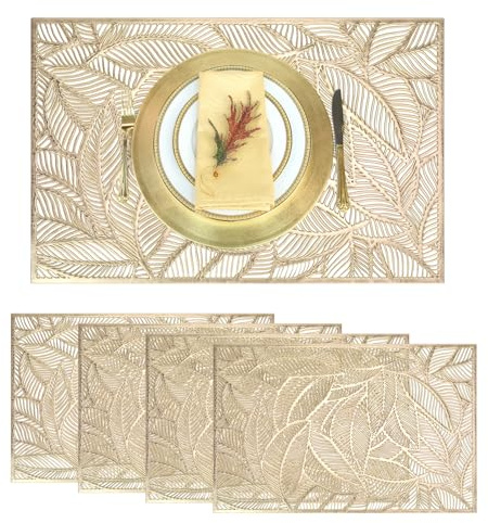 Tischsets Rechteckig Gold, 4 Stück Tischunterlage Esstisch, Gold Form des Blattes Platzsets, Abwaschbar rutschfest Hitzebeständig Platzmatten, für Hochzeit, Dinner Parties, Restaurant
