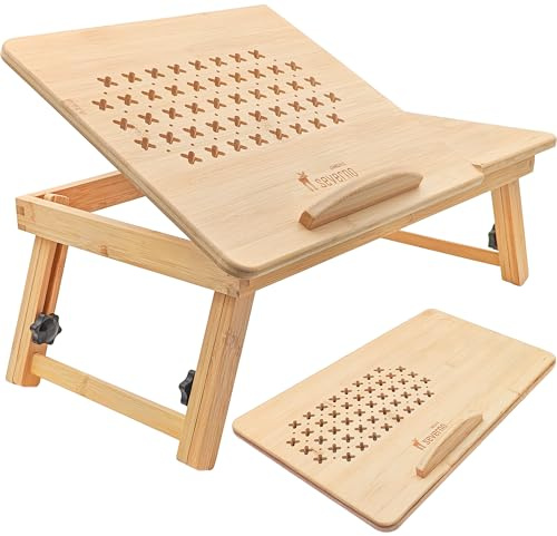 Klappbarer Laptoptisch, verstellbar mit Belüftung, Holzbettständer, Happy Sunday