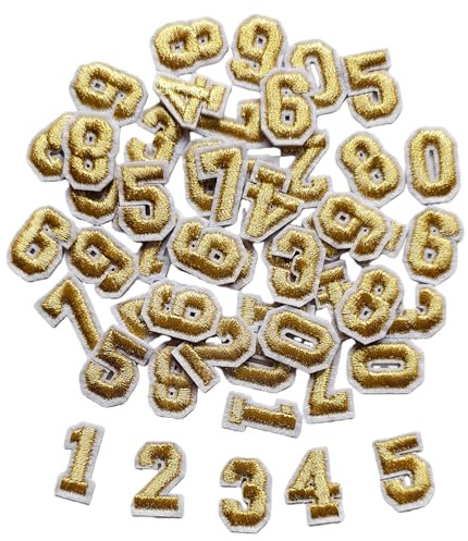 Zlettery 50pcs Iron on Number Patches 0.7 inch, 5 Sets of 0-9 Embroidered Small Number Patches for Clothing Jackets Hats Backpacks Jeans Gold