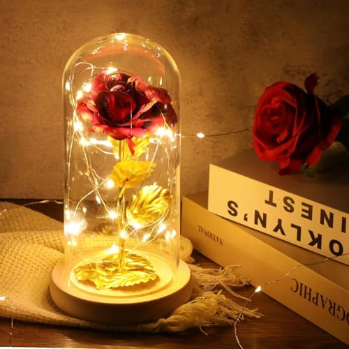 LYNROW 24K Gold Ewige Rose Künstliche Blume in Glaskuppel mit LED Lichtleiste Deko Geschenk für Frauen Valentinstag Muttertag Jahrestag