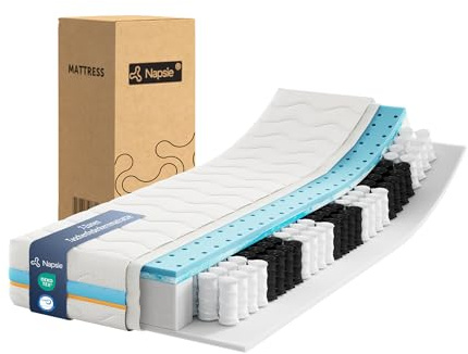 NAPSIE Taschenfederkernmatratze 90x200 cm 7-Zonen ergonomisch Matratze, Härtegrad H3, Mittelfest, 22 cm Höhe, Memoryschaum atmungsaktiv, Waschbarer Bezug, Oeko-TEX Standard 100 Zertifiziert