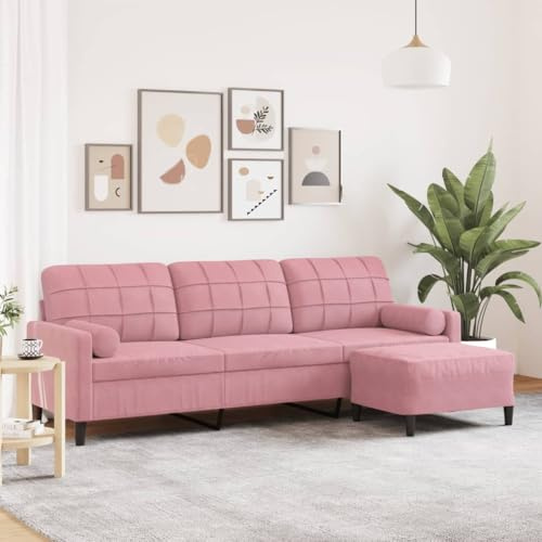 Mandloder Samt Sofa 3-Sitzer Rosa mit Hocker, 210 cm Sitzbreite, Metallgestell, Bequeme Polsterung, Modernes Design, Couchgarnitur für Wohnzimmer