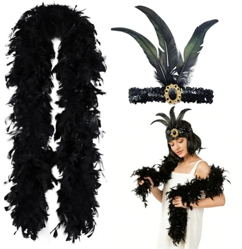 LuLiyLdJ 1920 Kostüm Damen Zubehör Set mit Federstirnband,Federboa Schwarz 20er Jahre,20s Kostüm Damen,Flauschige Federboa,Damen Natural Feather Gothic Feder,für Hochzeit Ankleiden Party,Karneval