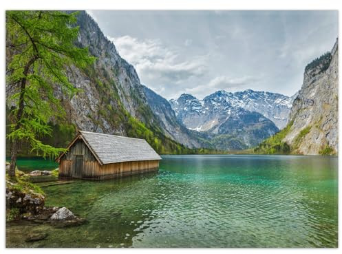 Wallario Rutschfester, Teppich mit Motiv - Fußmatte Berghütte an See, Größe 50 x 70 cm - flachgewebt
