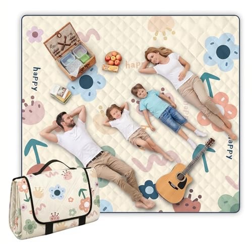 200 x 200 cm Couverture de Pique-Nique, Tapis de Pique-Nique Tapis de Camping Imperméable et Résistant au Sable, Tapis de Pique-Nique Lavable et léger, pour Camping Randonnée Parc Plage, HAPPY Fleur