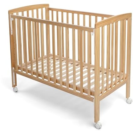 TORAL Cuna Bebe Madera Natural - Cuna Colecho Bebe Modelo Verona - Varias Posiciones Lateral Deslizante y 5 Posiciones Somier - con Ruedas de Seguridad con Freno y Mordedor para Barandilla.