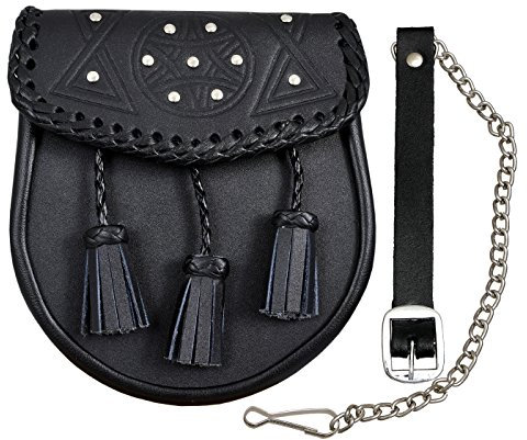 SHYNE KILTS U.K Schottisch Schwarzes Leder Kilt Sporran mit Quasten Leder Felltasche