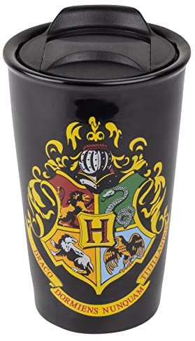 Harry Potter Travel Mug – Harry Potter Tumbler for Hot Tea and Coffee – Ceramic Coffee Mug with Hogwarts Houses and Motto – Perfect Harry Potter Gifts for Women, Men and Muggles