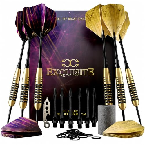 CC-Exquisite Premium Steel Tip Darts Set - Professional Darts, Brass Barrels, Metal Tip Darts, Extra Flights, (12) Aluminum Shafts 35/48, O-Rings, Dart Tool, Dart Sharpener, Darts Case