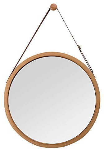 ZRI Bamboo Wandspiegel Rund Flur Spiegel Badspiegel mit Verstellbarer Lederband 45cm