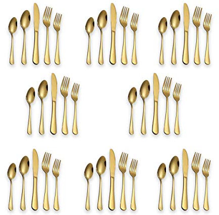 Berglander Flatware Set 40 Piece, Stainless Steel With Titanium Gold Plated, Golden Color Flatware Set, Silverware, Cutlery Set Service For 8 (Shiny Gold)