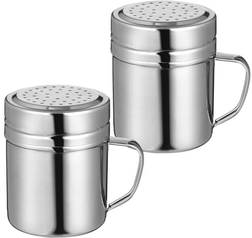 HEMOTON Salt Shaker Stainless Steel Flour Shakers, 2 pcs Chocolate Shaker for Cappuccino, Sugar Dispenser with Handle, Spice Jars
