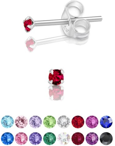 DTPsilver - Winzige Ohrringe 925 Sterling Silber mit Kristallen von Swarovski® Elements Runde Sehr kleine Ohrstecker - Durchmesser 2 mm - Farbe : Rubin