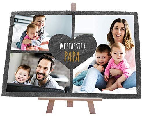 wandmotiv24 Schiefertafel Bester Papa, 30x20cm, Personalisiert mit Ihren Farbfotos, Aufsteller, 3 Bilder inkl. Spruch & Herz, Holz-Staffelei, Natur Schieferplatte, Foto-Geschenk, Deko M0318