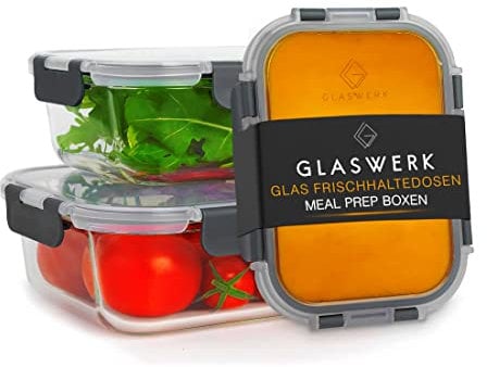 GLASWERK Caja de conservación de alimentos (640, 1040, 1520 ml, sin subdivisión) Caja de vidrio con tapa de alimentos - Caja hermetica para alimentos, vidrio, vidrio resistente al calor