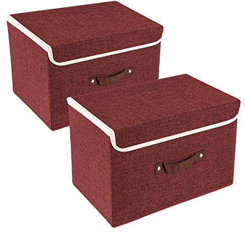 TYEERS Collapsible Storage Box with Lid, Fabric Storage Box for Clothes, Wardrobe Storage, 38x25x25 cm, Set of 2, Red Wine