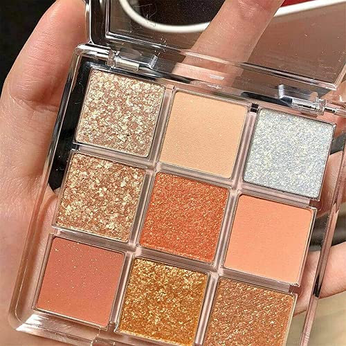 Gokame 9 Farben Lidschatten Palette Schimmer Matt Langlebiges, Schminkpalette Lidschatten Glitzer, Schminkpalette Lidschatten Palette,Eyeshadow Makeup Palette (Orange)