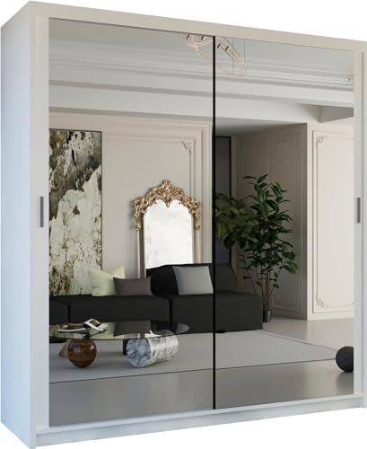 Modern Double Sliding Door Wardrobe 2 Mirrored Hanging Rails & Shelves Storage Cabinet for Bedroom (203cm, Houston White)