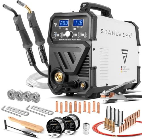 STAHLWERK Schweißgerät 5-in-1 Kombi MIG/MAG 200 Puls Pro – erweiterte Ausstattung – vollsynergisch bis 200 A, FLUX (Fülldraht), Lift-TIG, MMA (ARC) & Puls-MIG für Alu in einem Gerät, 4-Rollen-Antrieb