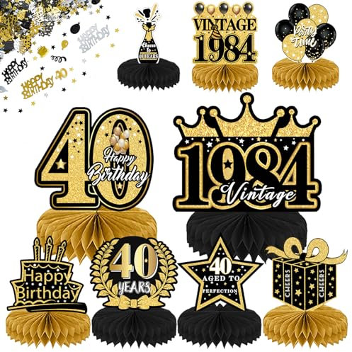 40. Geburtstag Tischdeko Set,40. Geburtstag Dekoration Mann, 10 Stück Schwarz und Gold 40. Geburtstag Deko Bienenwabe Mittelstück mit Tortendeko,15g Happy Birthday Konfetti,40. Geburtstag,40 Jahrestag
