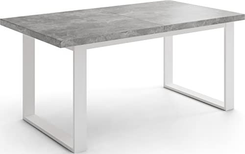 WFL GROUP Rechteckiger Loft Esstisch Für Wohnzimmer - Loft Stil Industriell Esstisch Mit Weißen Metallfüßen - Ausziehbarer Esstisch von 140 cm bis 180 cm - Made in EU - Grauer Beton