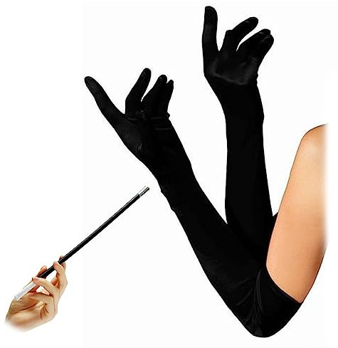 LJFEA 1920er Stil Lange Abendhandschuhe Schwarz, Damen Handschuhe Satin Classic Opera Fest Party, Lange Handschuhe,