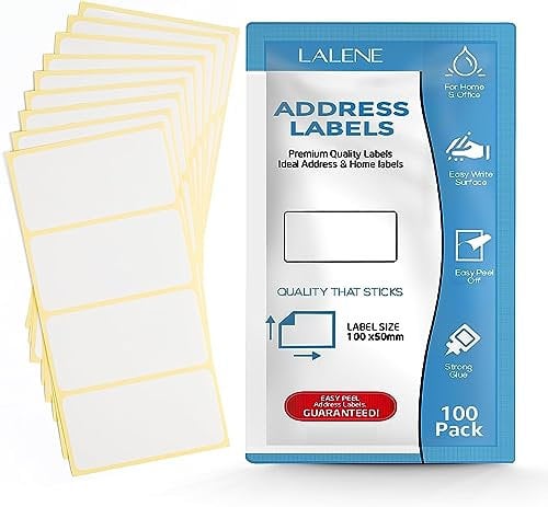 Lalene Large Labels for Storage Boxes, Self Adhesive Address Labels. 100x50mm. Postage Stickers. 100 X Plain White, Sticky Labels. Blank Postal Stickers. Large Freezer Labels
