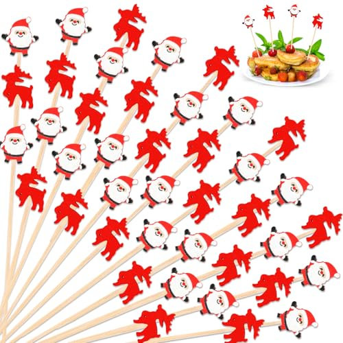 SRIZIAN 100 Piezas palillos para Aperitivos Navidad Palillos para Cócteles, 5.1inch Ciervo De Navidad Santa Brochetas Cocktail de Bambú para Comida Fruta Snack Aperitivos Fiesta Decoración