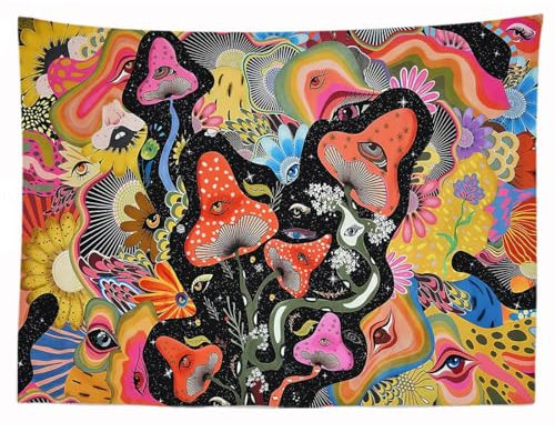 Ulticool - Pilze Psychedelic Wandteppich XXL - 200 x 150 cm - Poster Wand Teppich Tuch Fototapete - Banshee Horror Hippie Aesthetic Deko - Wandbehang Vorhang - Accessoires Schlafzimmer Wohnzimmer