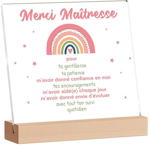 Cadeau Maitresse D'école, KAAYEE Décoration Acrylique Plaque Merci Maîtresse Cadeau, Idée Cadeau Maitresse d'école Fin d'année (Maîtresse-1)