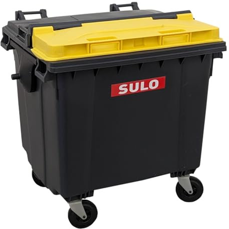 SULO Mini contenedor de basura de 1100 L, réplica | cubo de basura pequeño | escritorio soporte para bolígrafo | gris con tapa tapa amarilla | coleccionable | 18 x 18 x 15 cm