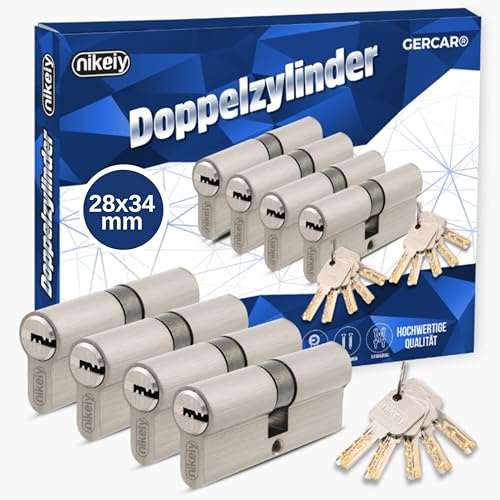 GERCAR Pro Profilzylinder 28/34 Massiver Schließzylinder gleichschließend 4er Set Doppelzylinder Zylinderschloss - Messing matt - inkl. 10 Schlüssel - Wendeschlüssel - Länge: 65 mm, A:28 B:34-4x
